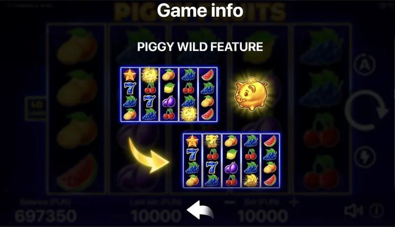 Piggy Fruits - pelinäyttö 5x4-ruudukolla ja hedelmäsymboleilla